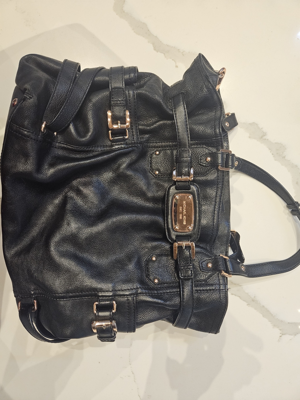 Michael Kors Black Leather Tote with Rose Gold Accents
